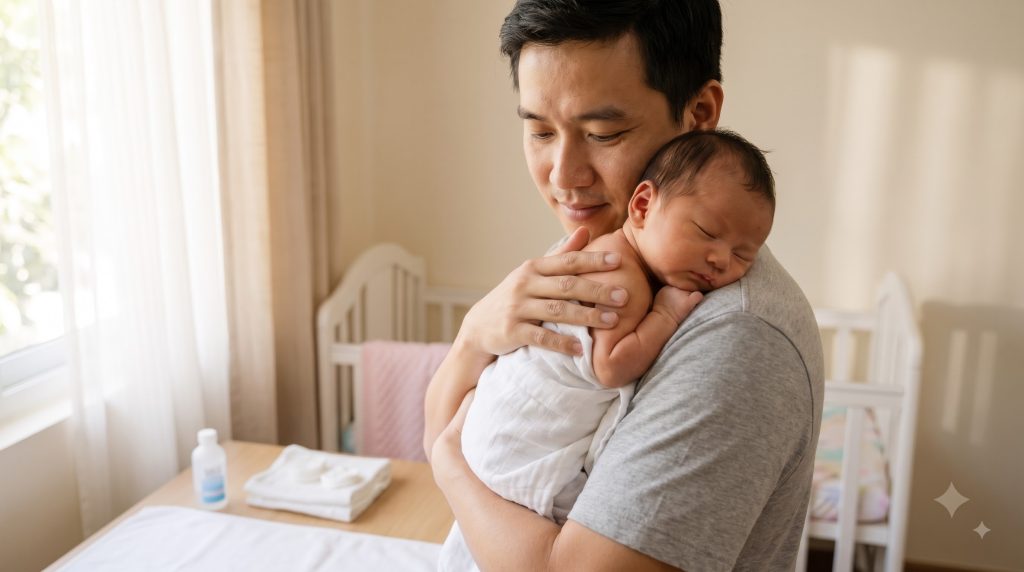 Father gently burping a newborn baby after feeding.