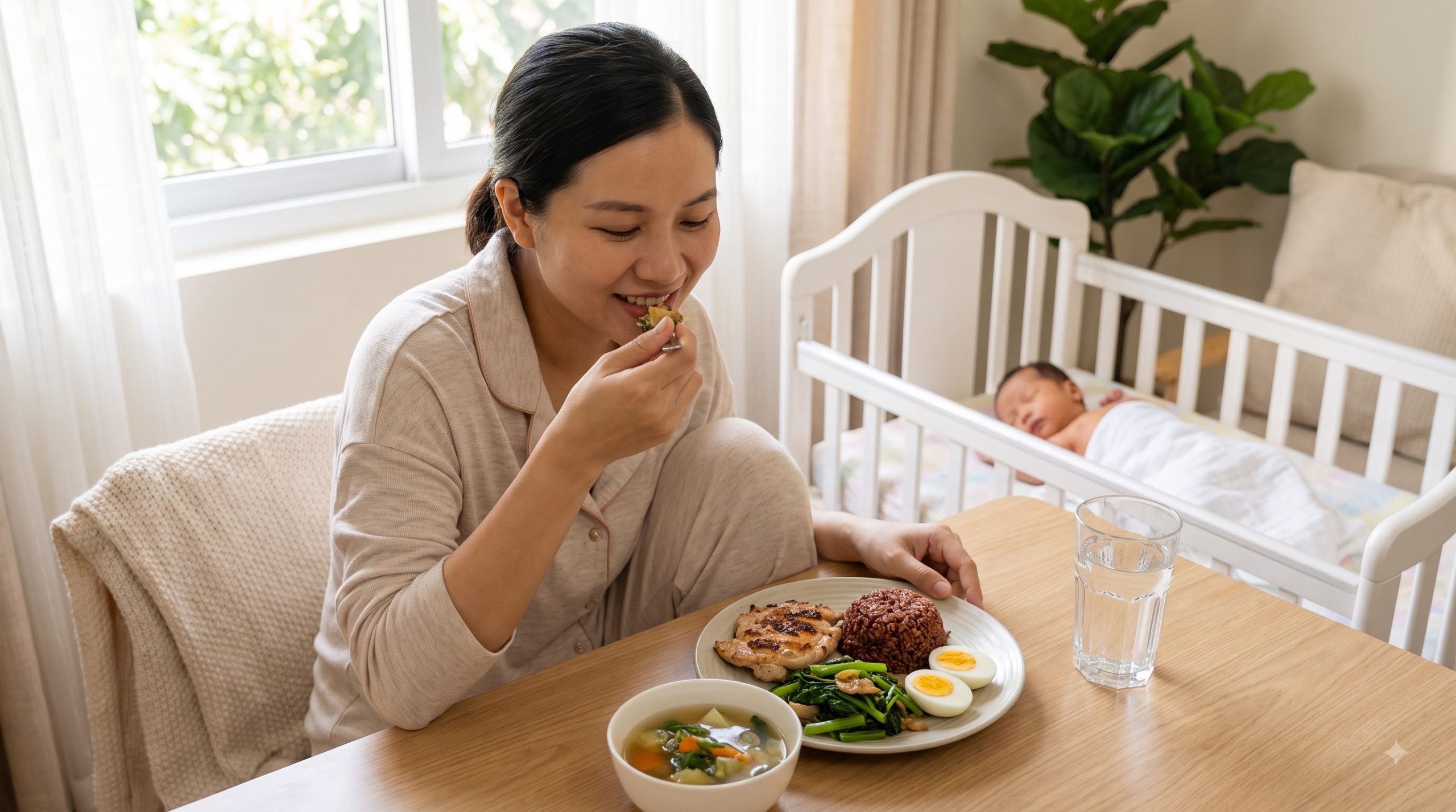 New mother eating a nutritious meal after giving birth.