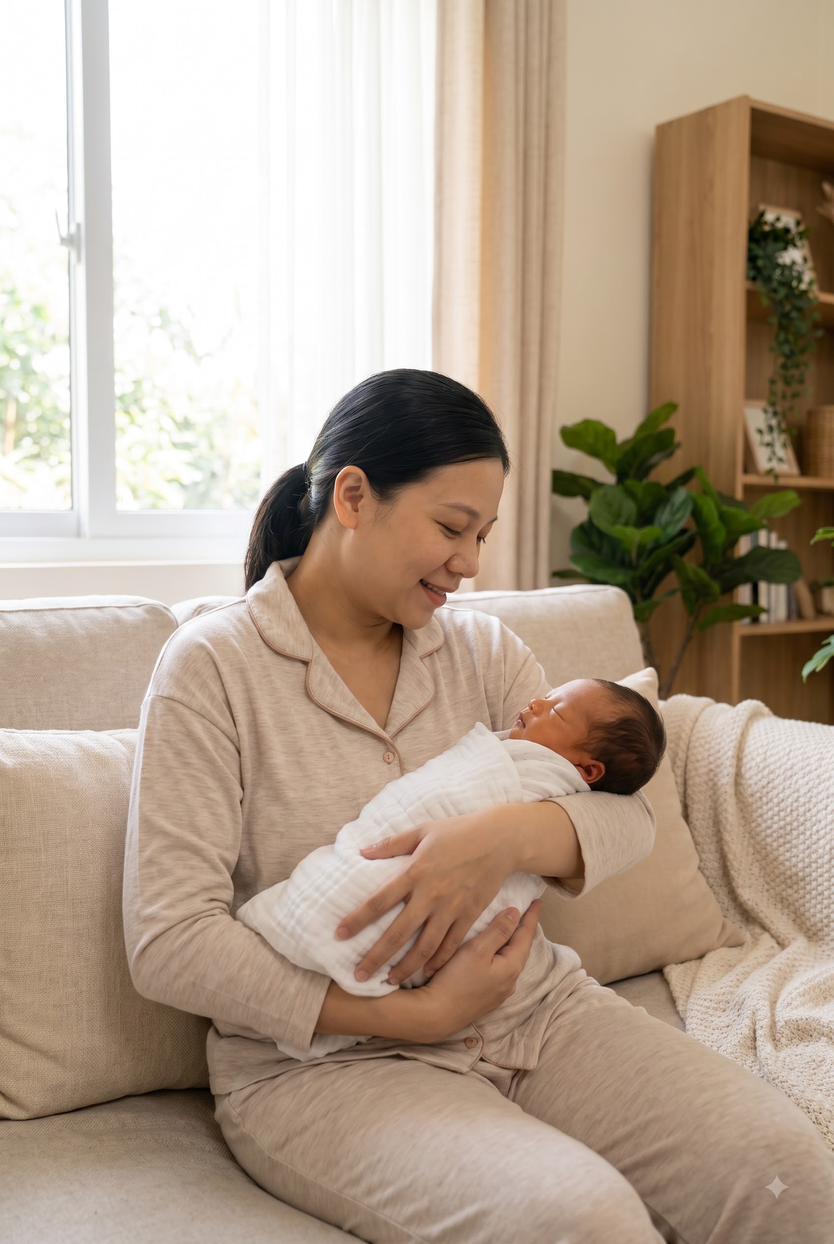 Mother gently holding her newborn baby at home