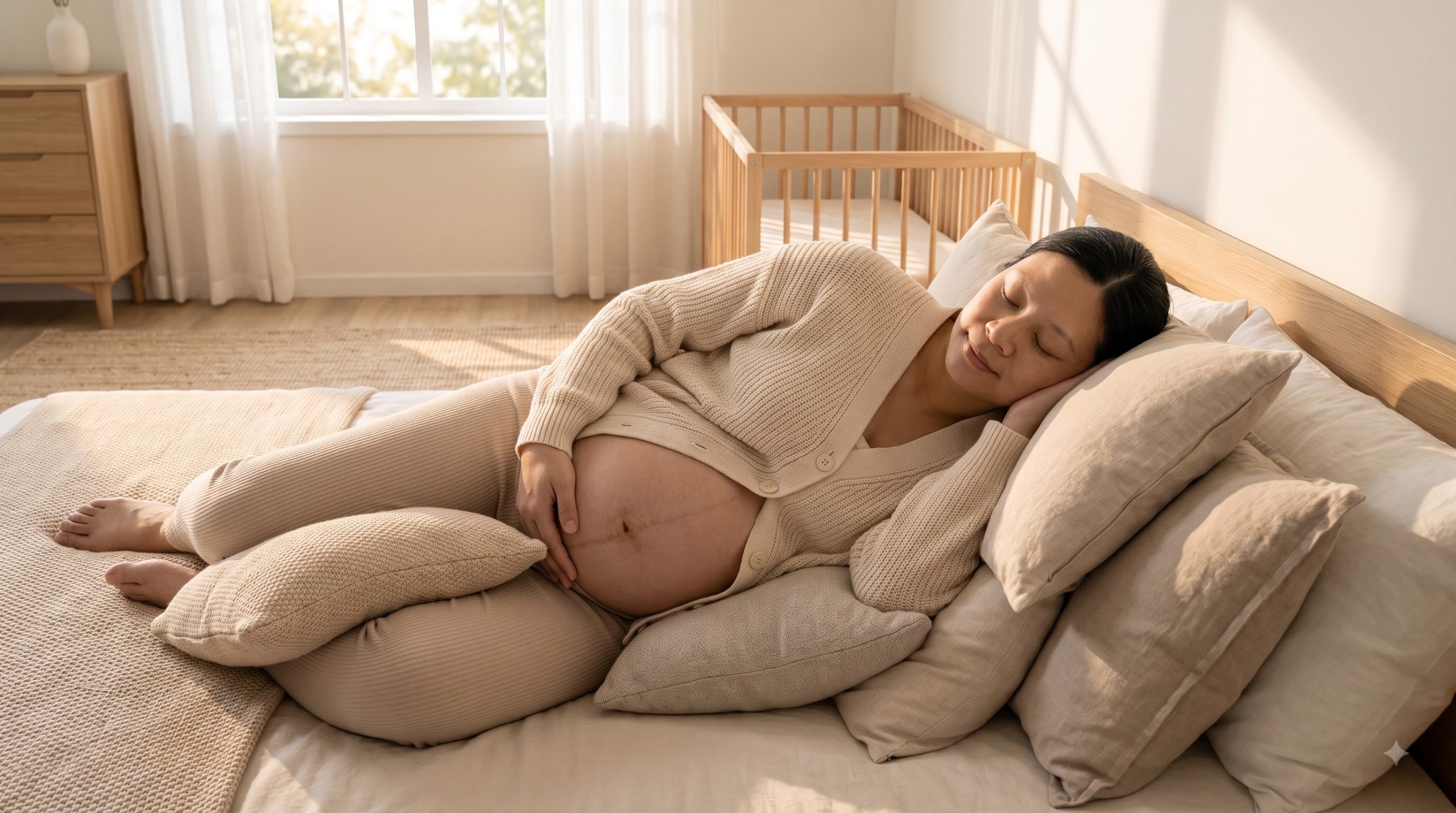 Pregnant Vietnamese woman resting comfortably with supportive pillows