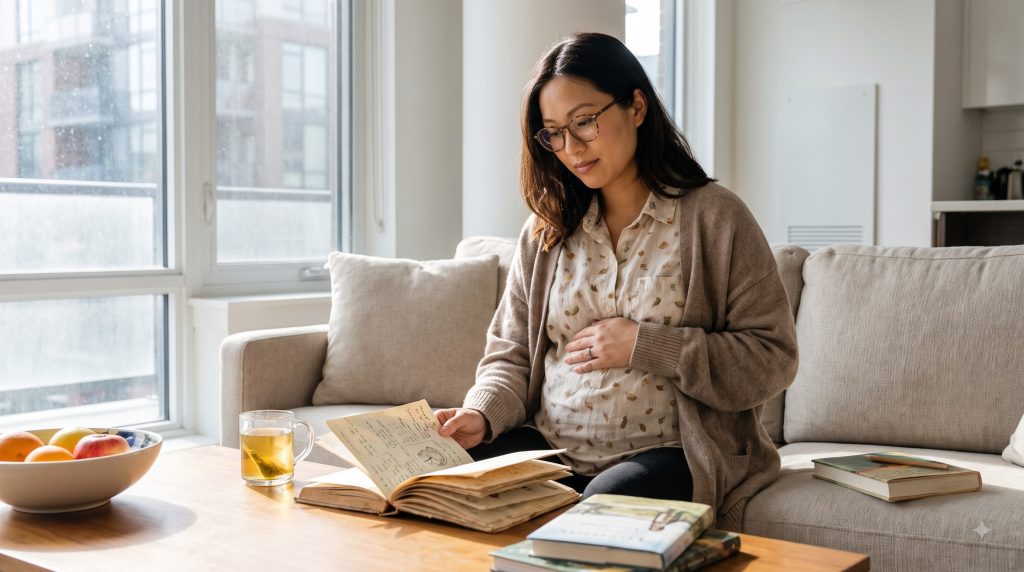 Pregnant woman monitoring common pregnancy symptoms at home