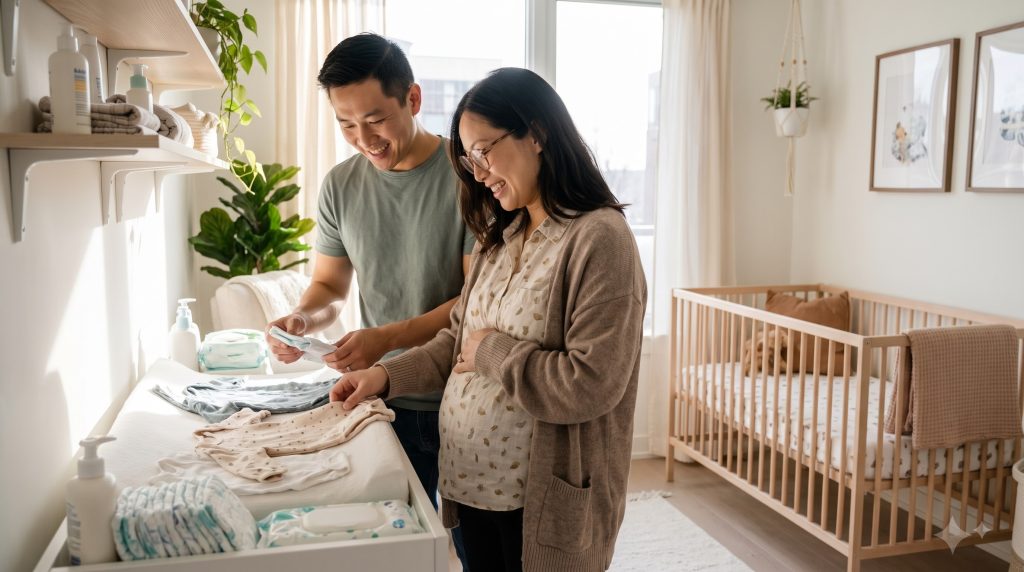First-time parents preparing a nursery and baby essentials