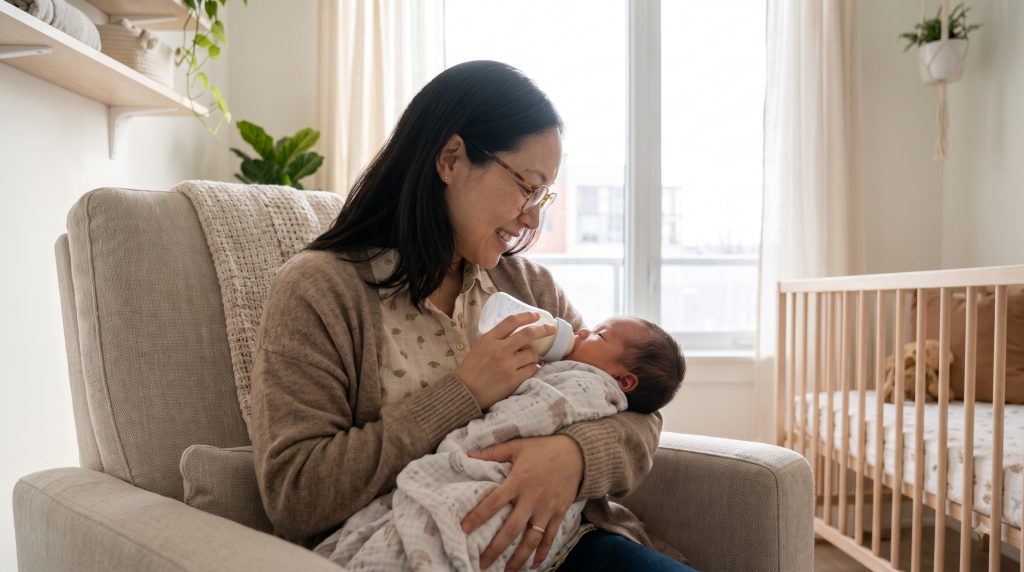 Mother feeding a newborn while watching hunger and fullness cues