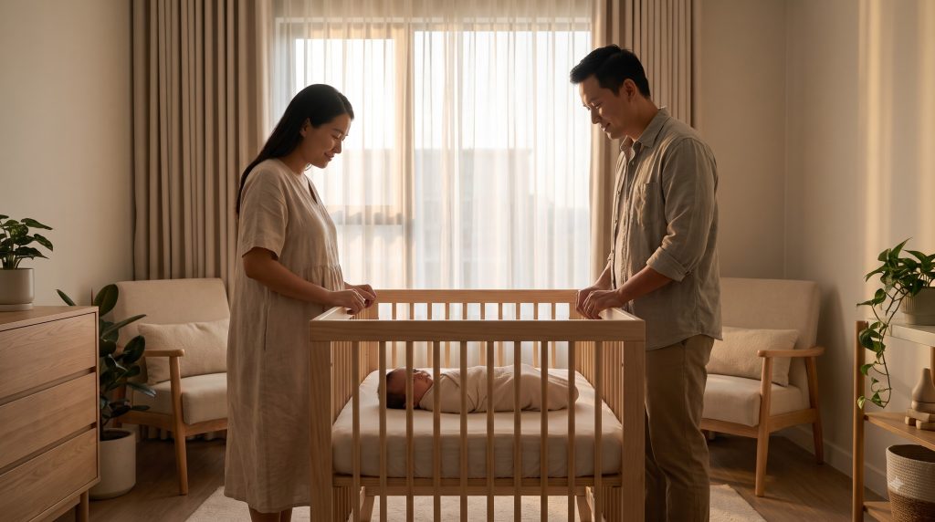Vietnamese parents preparing their newborn for a calm bedtime routine