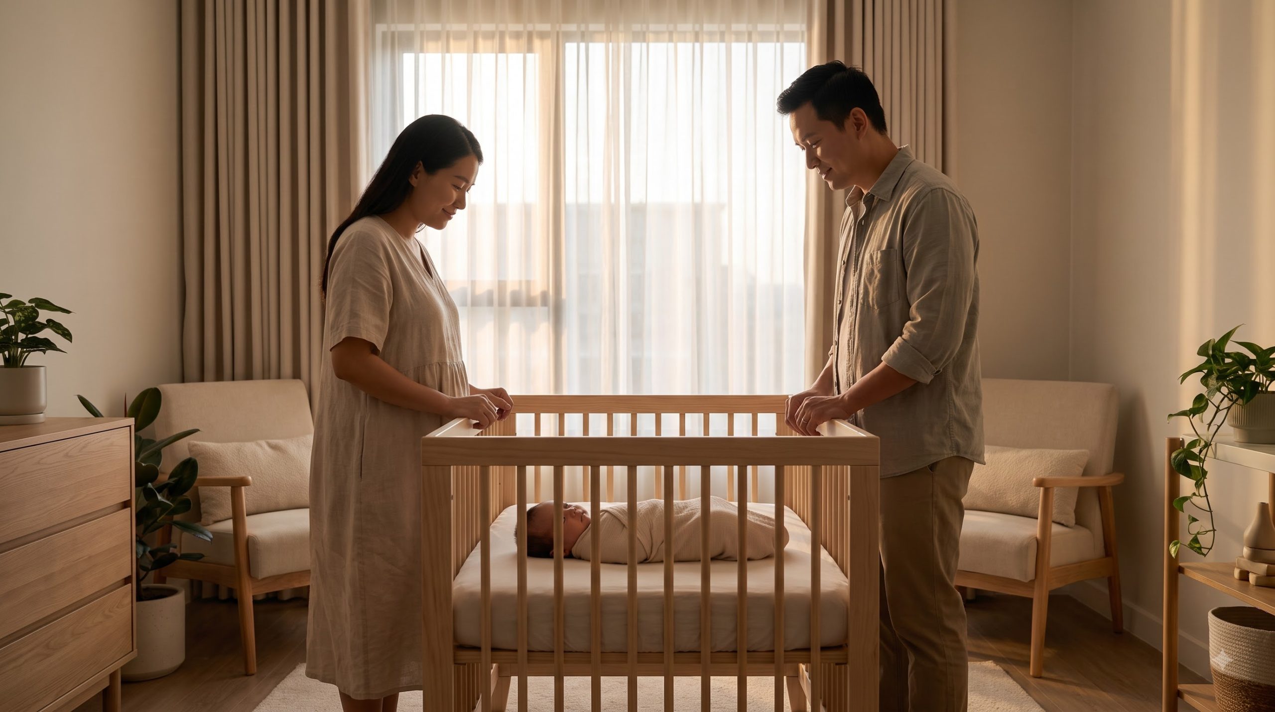 Vietnamese parents preparing their newborn for a calm bedtime routine
