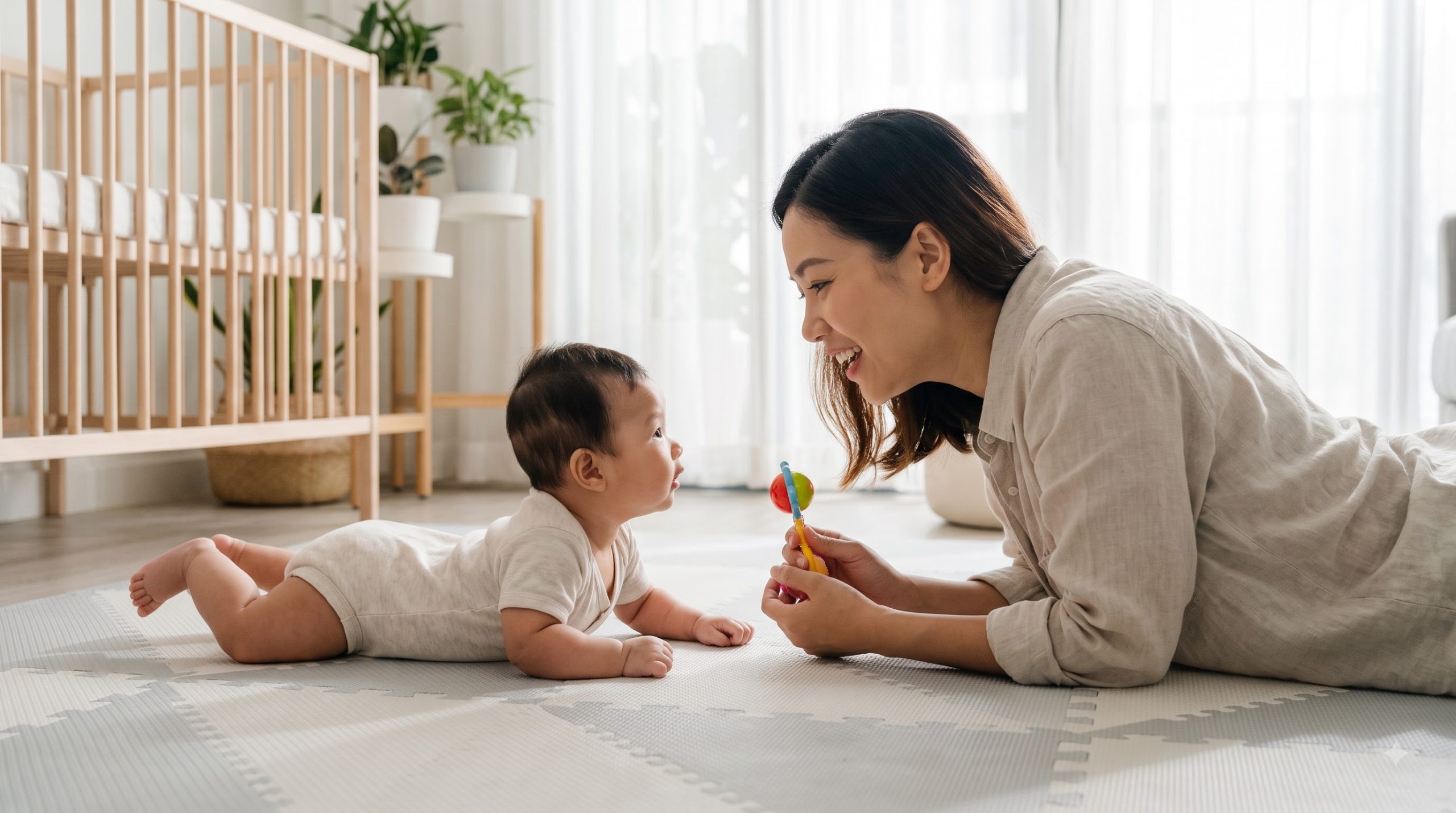 Parent supervising newborn during safe tummy time on a play mat