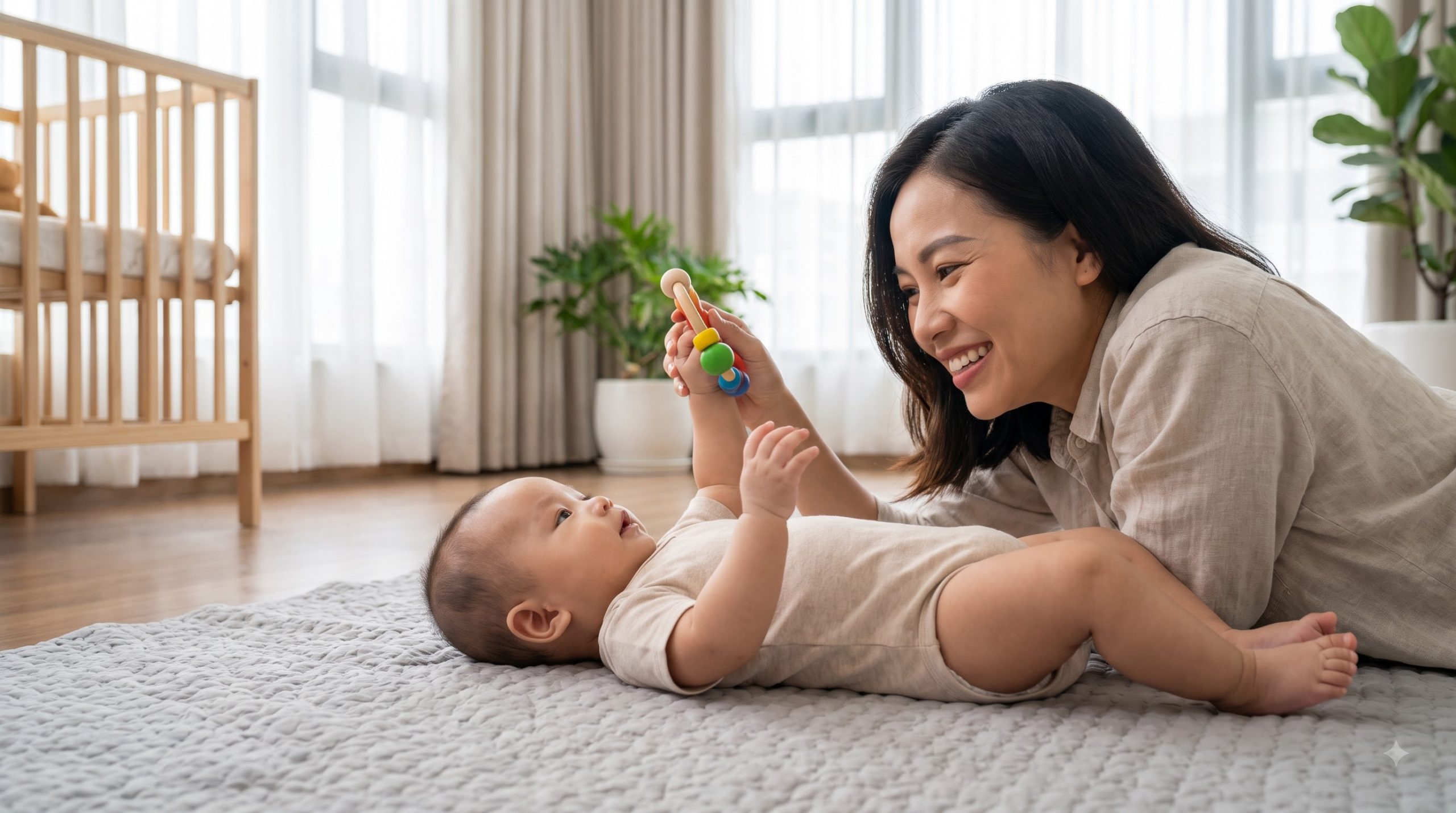 Three-month-old baby reaching toward a toy during play with a parent