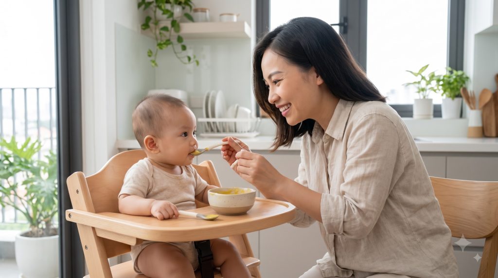Parent introducing solid food to a baby during a calm mealtime