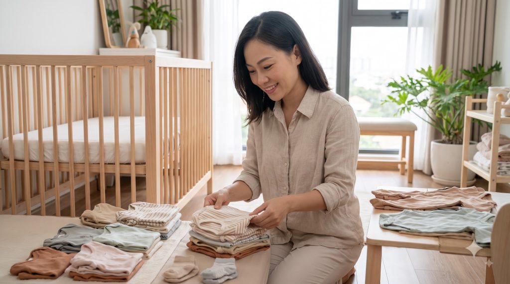 Mother organizing comfortable baby clothing in a nursery