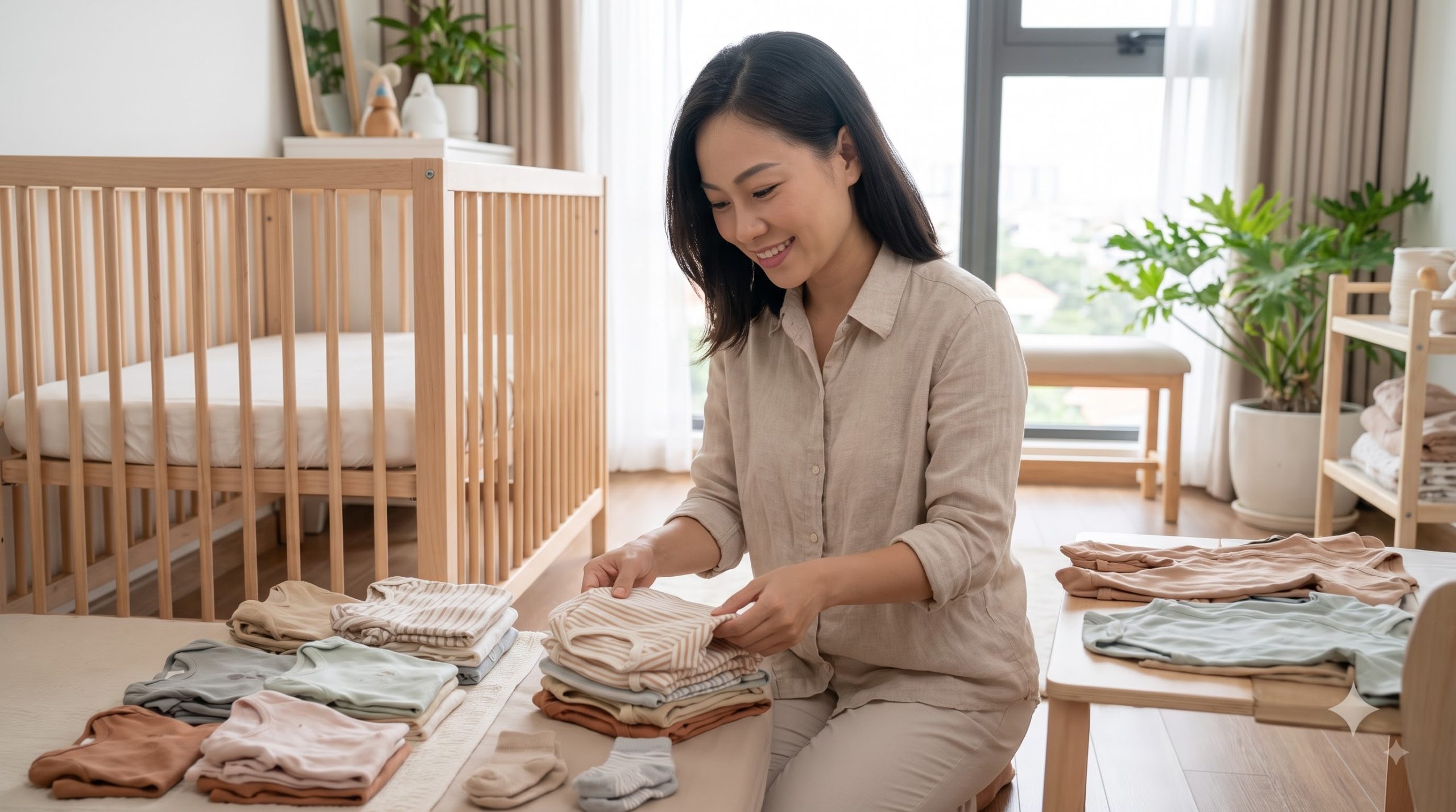 Mother organizing comfortable baby clothing in a nursery
