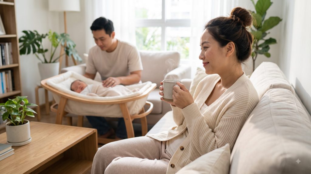 New mother taking a quiet self-care moment while her partner cares for the baby