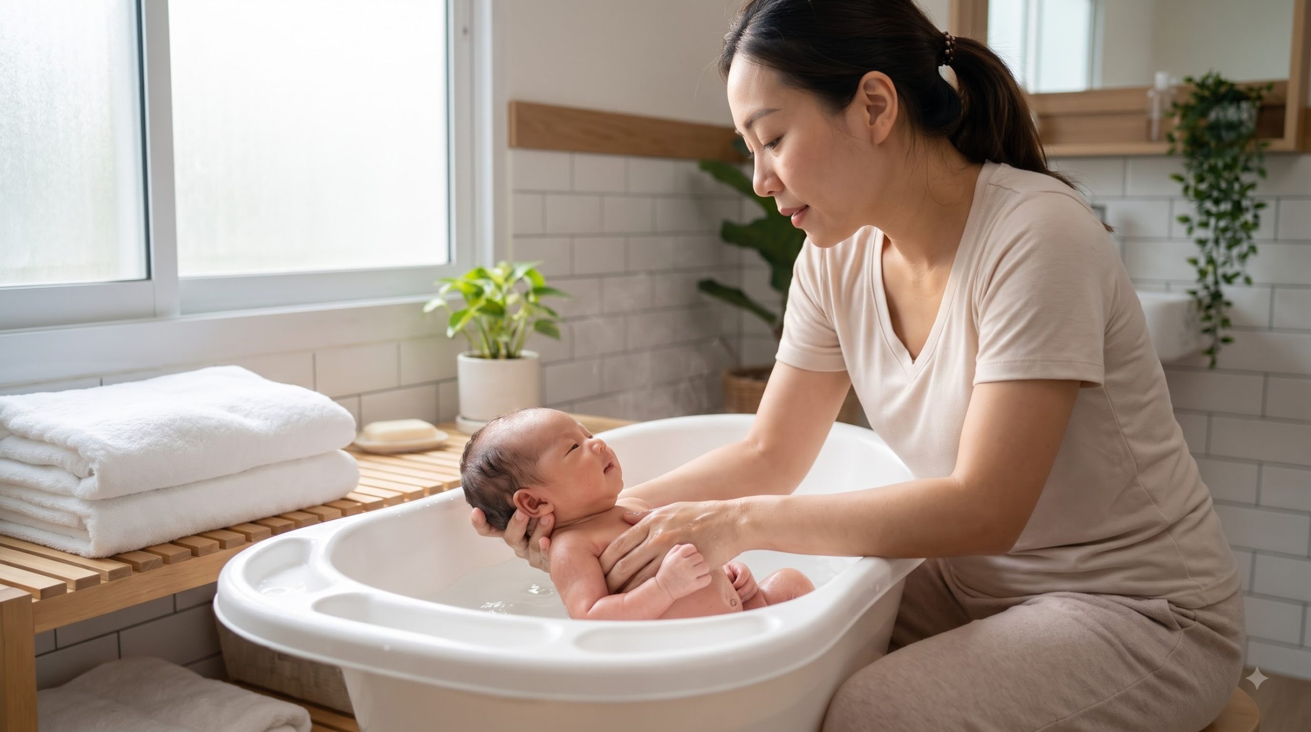 Parent safely bathing a newborn baby in a small baby bathtub at home