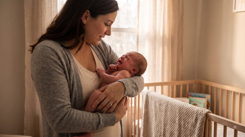 Mother gently comforting and calming a crying newborn baby at home