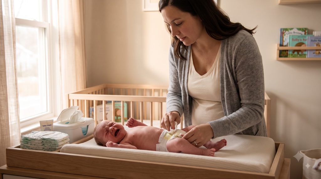 Parent carefully changing a newborn baby's diaper on a safe changing table