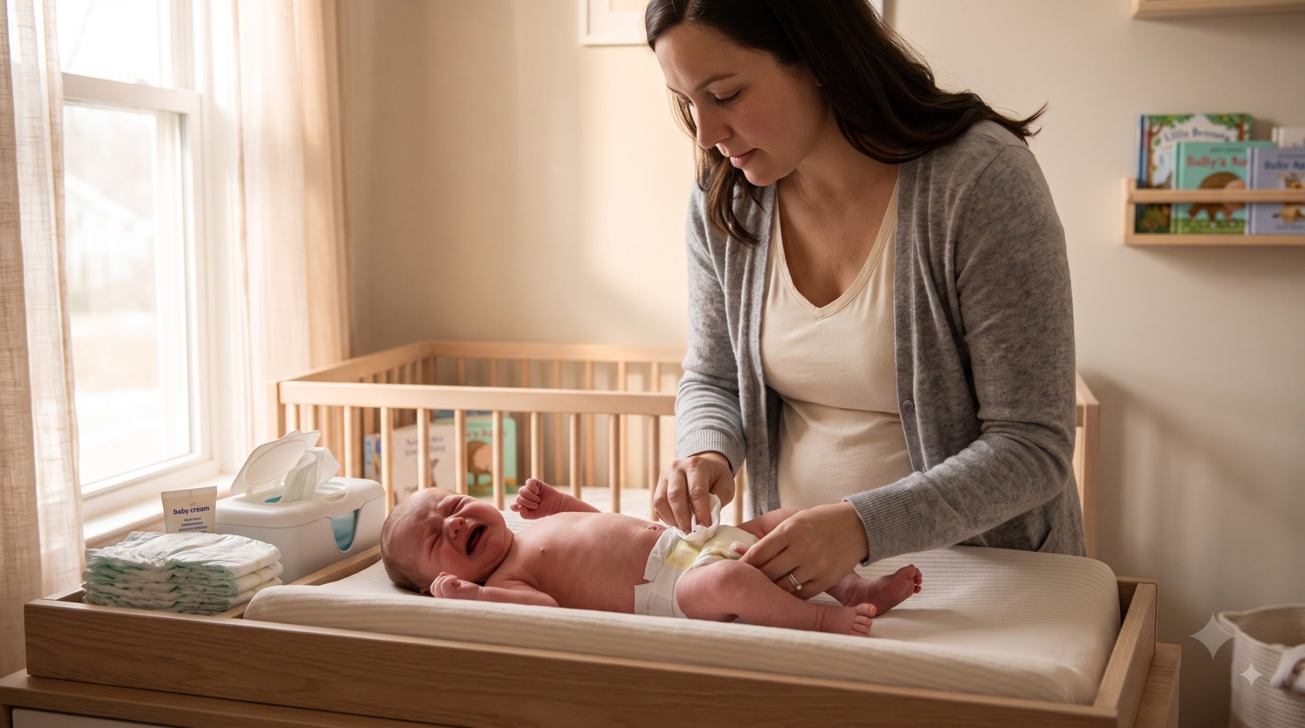 Parent carefully changing a newborn baby's diaper on a safe changing table