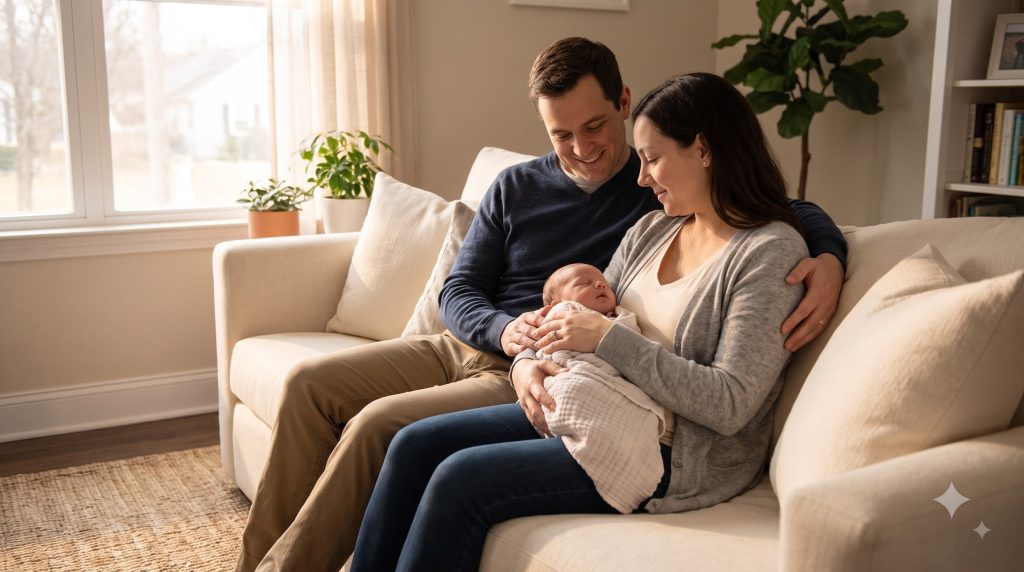 New parents spending a peaceful moment with their newborn baby at home