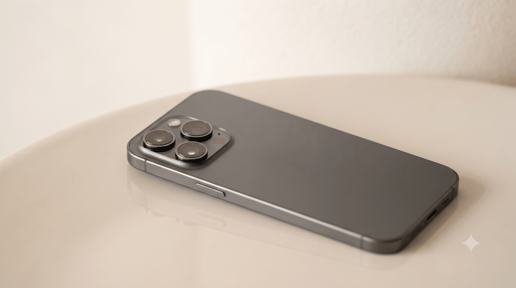 Close-up of a modern smartphone with a triple camera module resting on a light surface