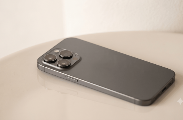 Close-up of a modern smartphone with a triple camera module resting on a light surface