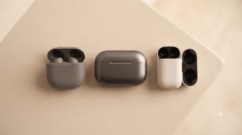 Three wireless earbud charging cases arranged in a flat lay