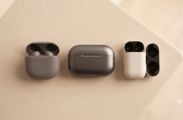 Three wireless earbud charging cases arranged in a flat lay