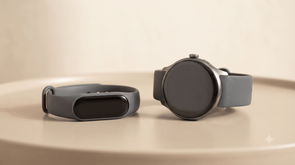A fitness band and a smartwatch placed side by side