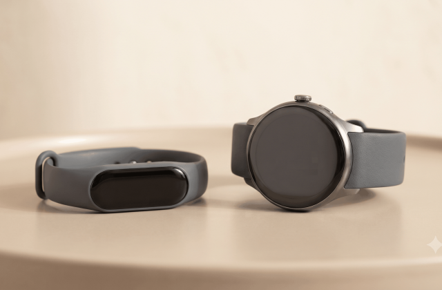 A fitness band and a smartwatch placed side by side
