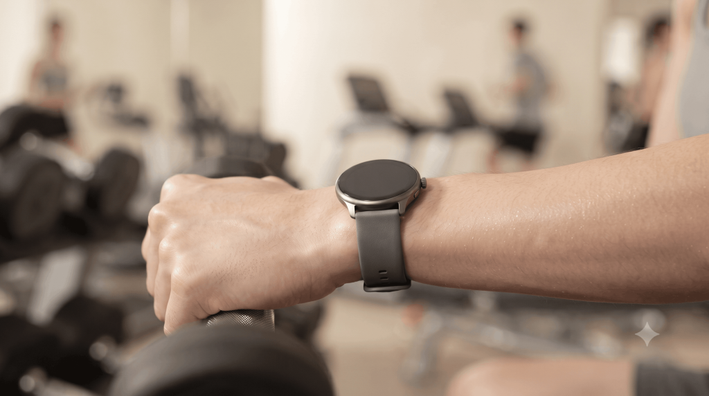 A smartwatch worn on a wrist during a workout