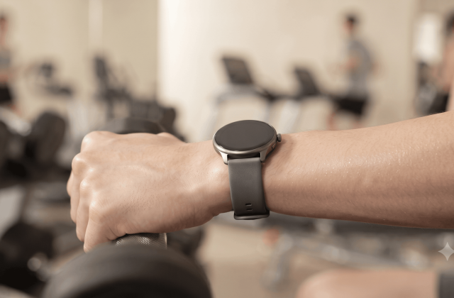 A smartwatch worn on a wrist during a workout