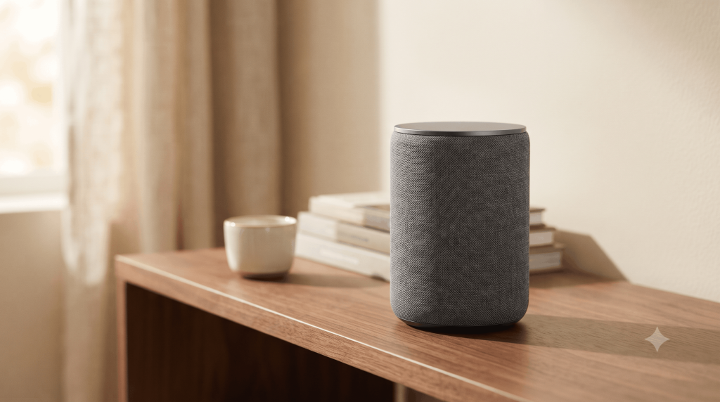 A cylindrical smart speaker on a wooden shelf in a living room