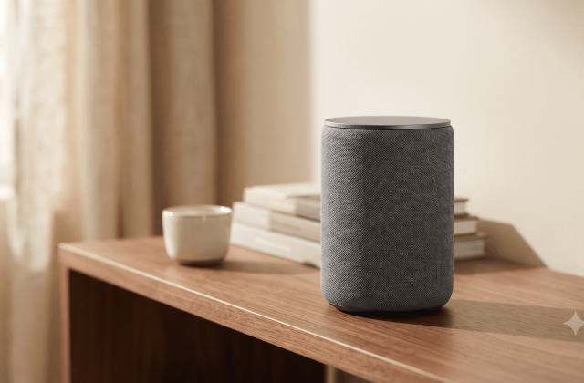 A cylindrical smart speaker on a wooden shelf in a living room