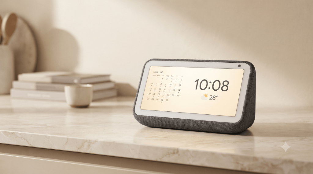 A smart display showing a calendar on a kitchen counter