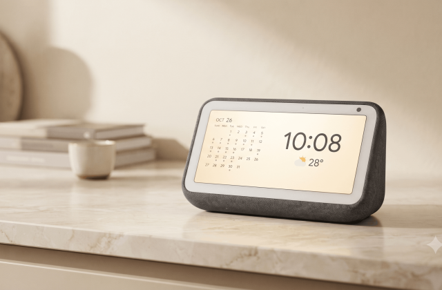 A smart display showing a calendar on a kitchen counter