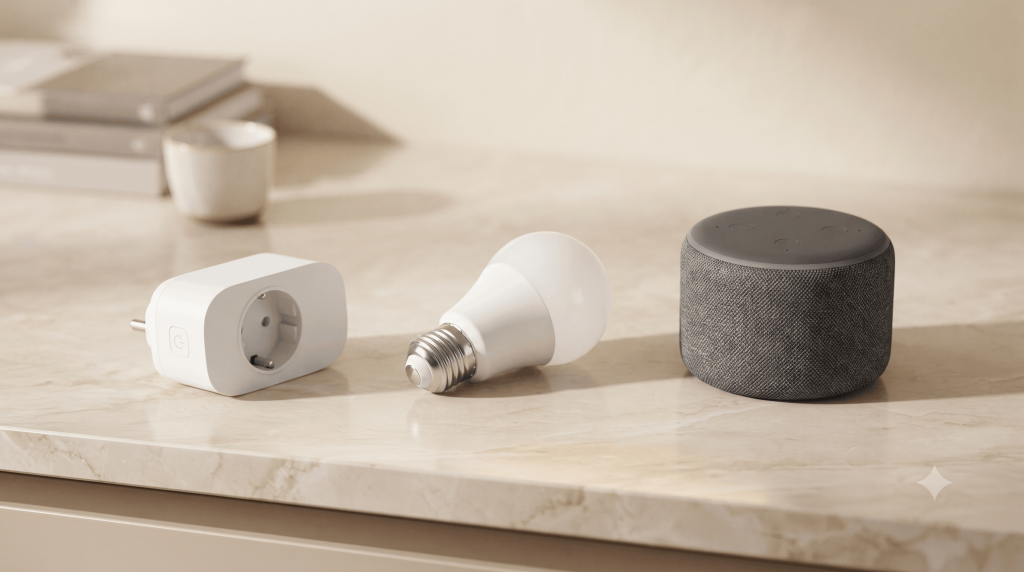 Flat lay of a smart plug, a smart bulb, and a small speaker