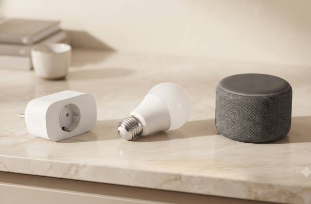 Flat lay of a smart plug, a smart bulb, and a small speaker