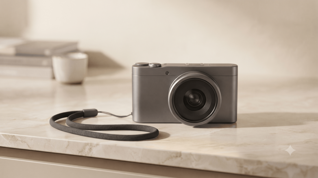 A compact camera resting on a table with its lens facing forward