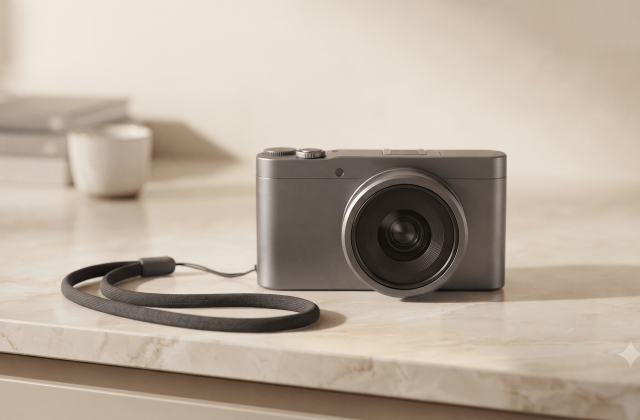 A compact camera resting on a table with its lens facing forward