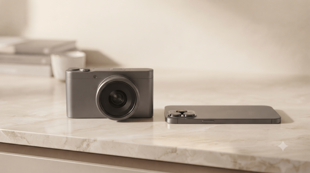 A compact camera and a smartphone placed side by side