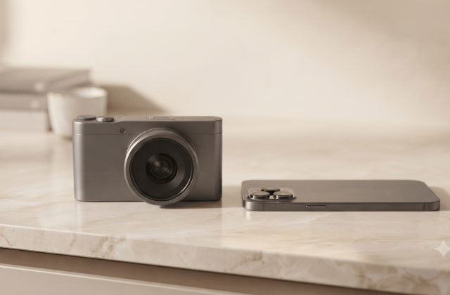 A compact camera and a smartphone placed side by side