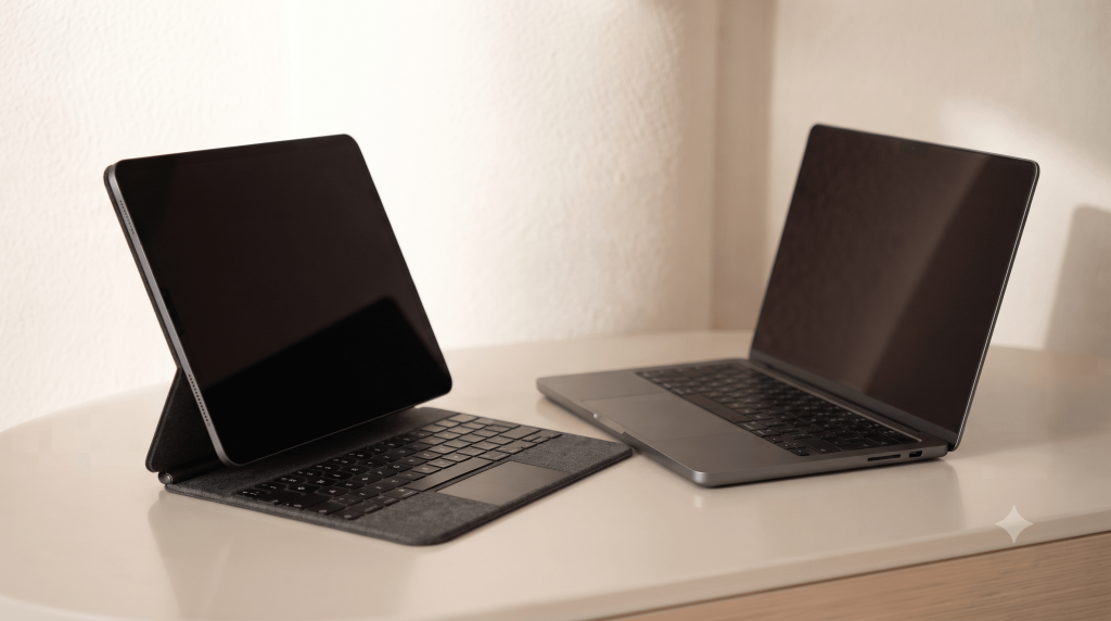 A tablet and a laptop placed facing each other on a desk