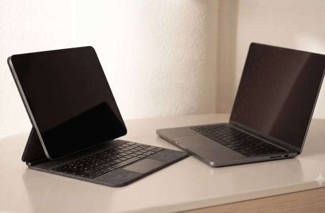 A tablet and a laptop placed facing each other on a desk