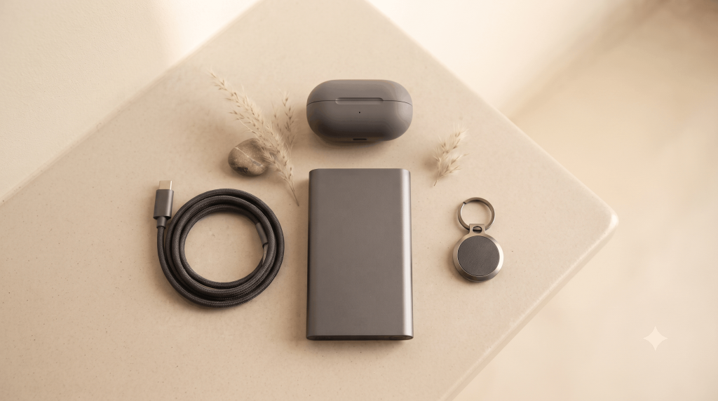 Flat lay of tech gadgets arranged as a gift display
