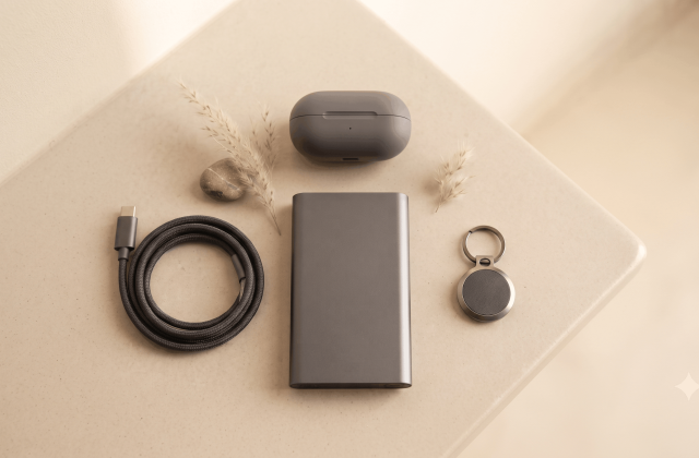 Flat lay of tech gadgets arranged as a gift display