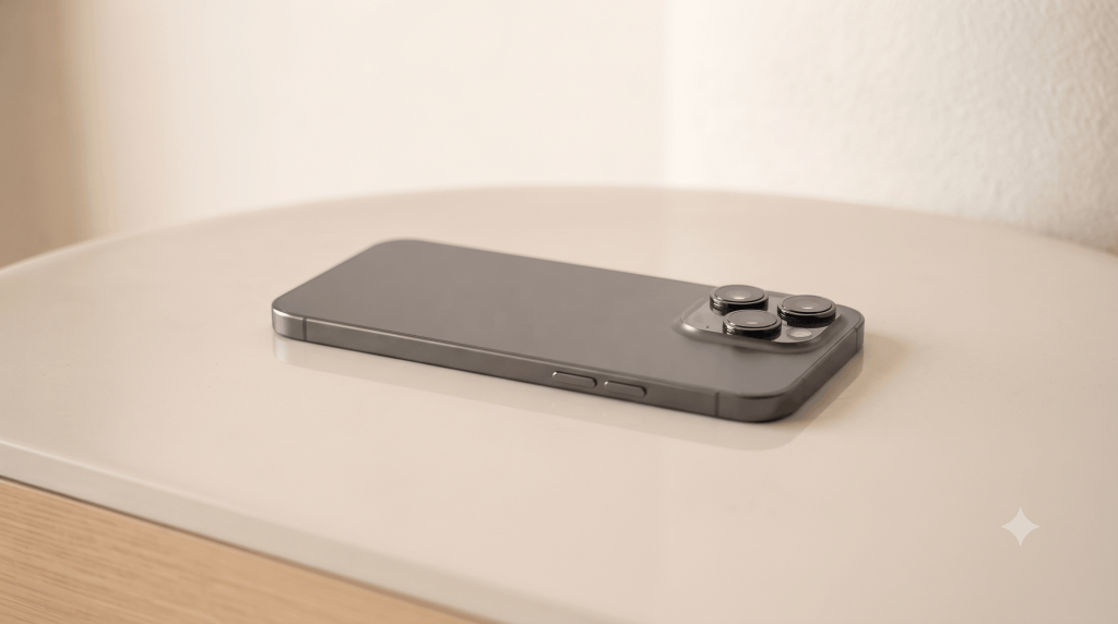 A simple, modern smartphone lying flat on a desk