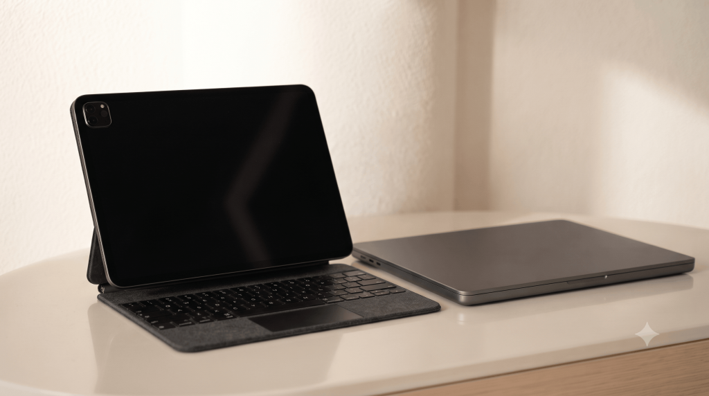 A tablet propped in a keyboard case next to a closed laptop