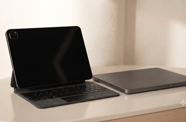 A tablet propped in a keyboard case next to a closed laptop