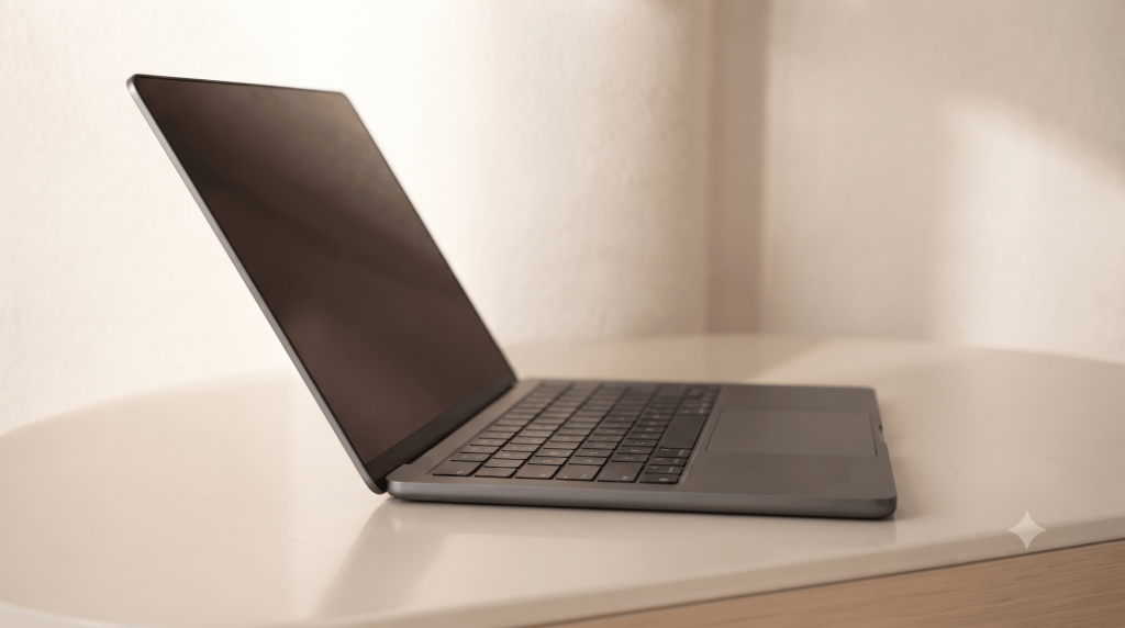 A slim laptop opened at an angle, shown from the side
