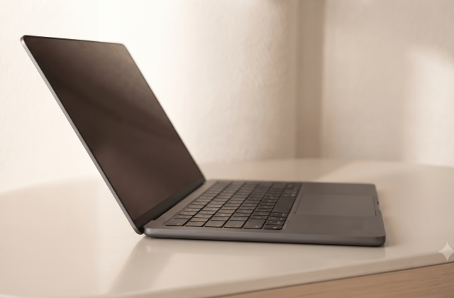 A slim laptop opened at an angle, shown from the side
