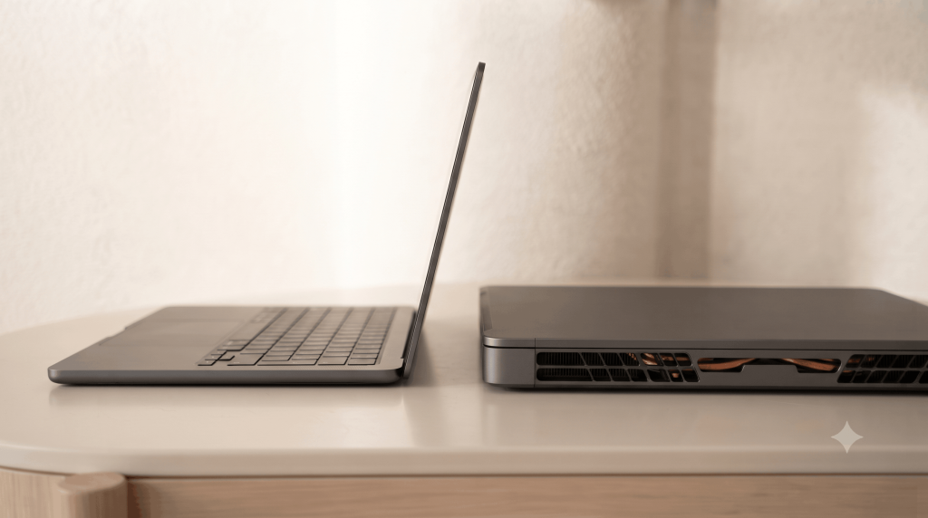 Two laptops side by side, one slim and one with visible cooling vents