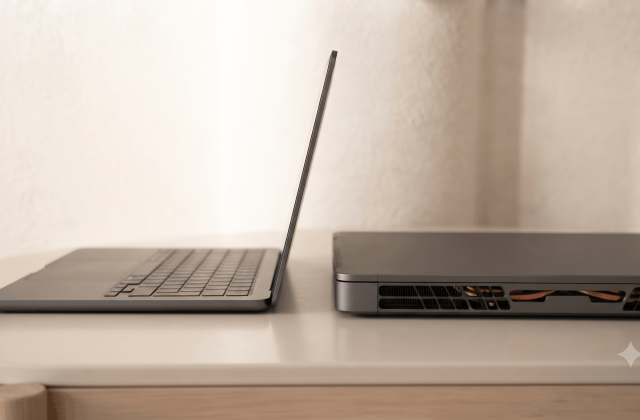 Two laptops side by side, one slim and one with visible cooling vents