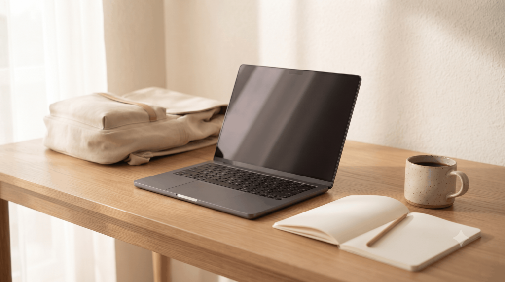A laptop open on a desk next to a notebook and a coffee cup
